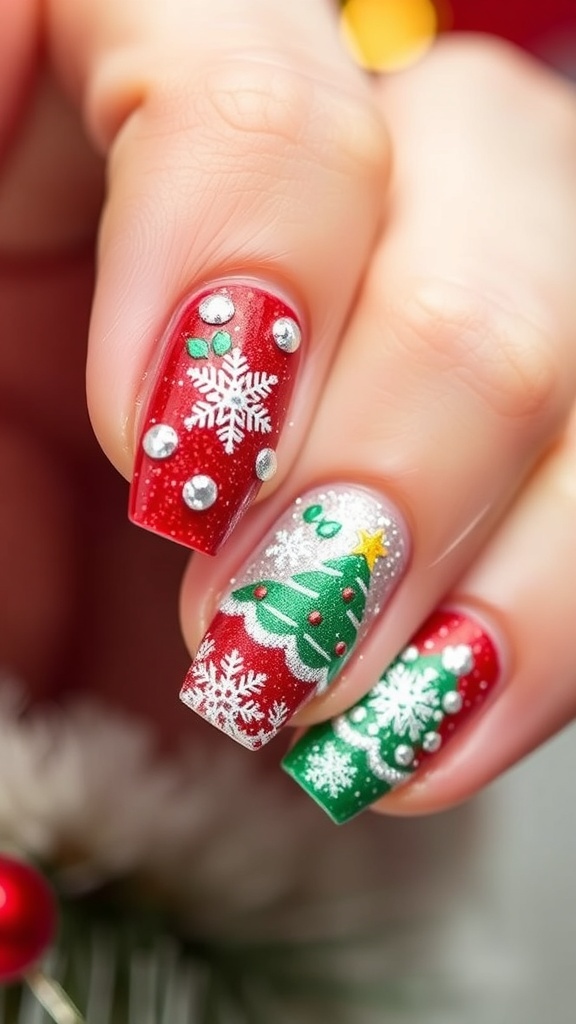 Short acrylic Christmas nails with red, green, and glitter designs featuring snowflakes and Christmas trees.